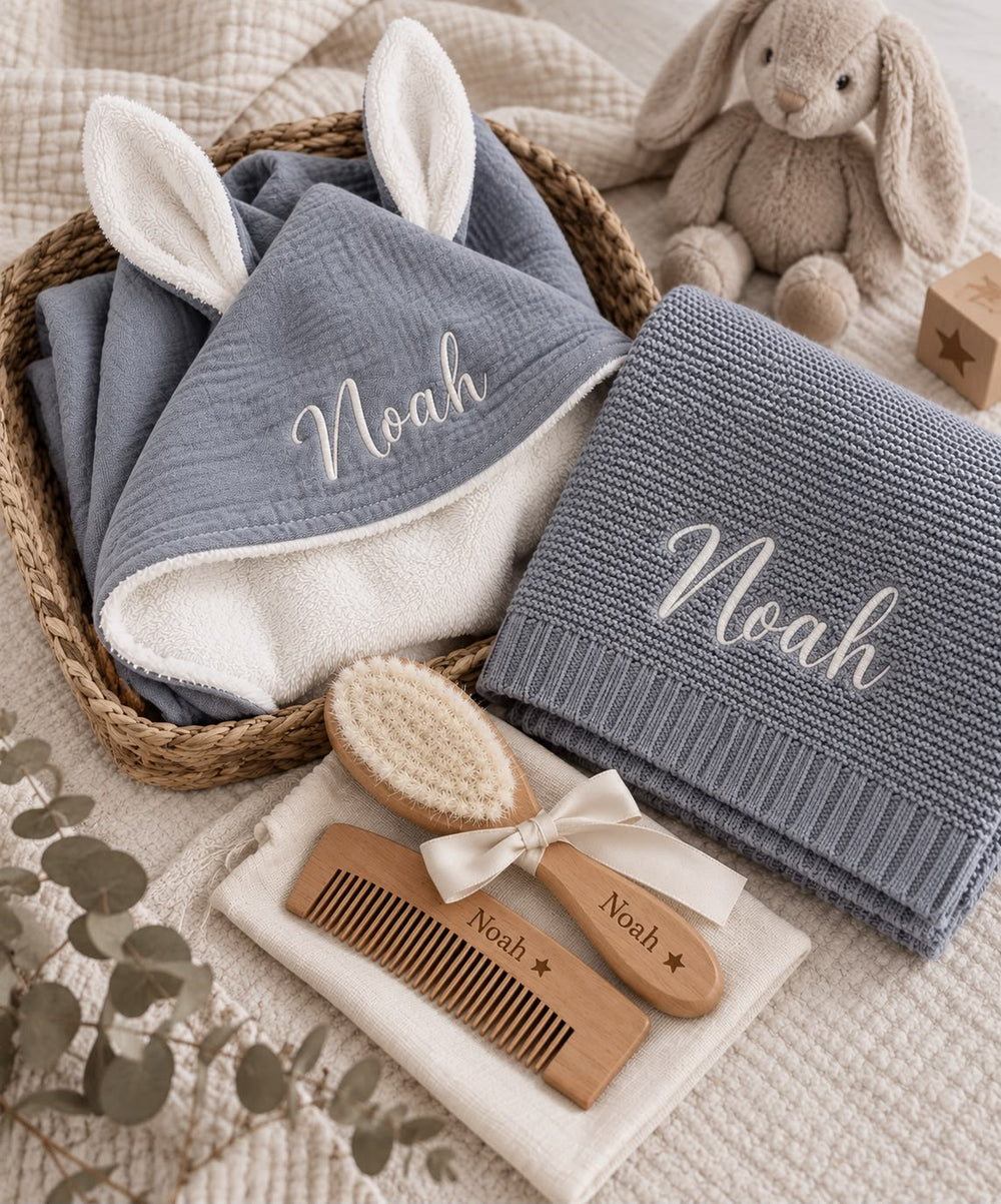 Baby-Willkommensset personalisiert – Decke, Badetuch und Haarbürste mit Namen