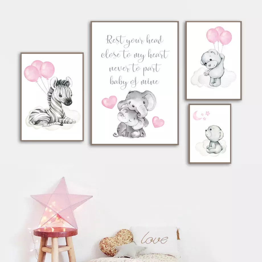 Kinderzimmer Bilder Rosa Zebra Bär Elefant